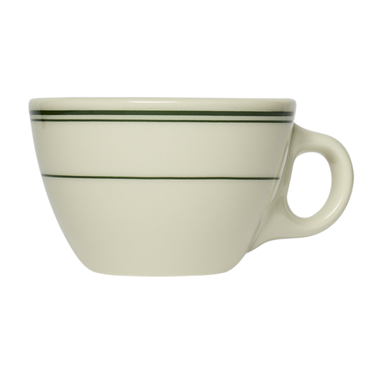 A white ceramic tea cup with a green stripe near the top.