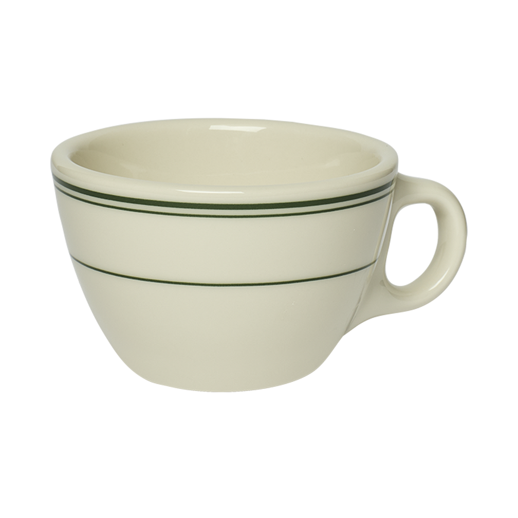 White ceramic mug with green stripes on a white background