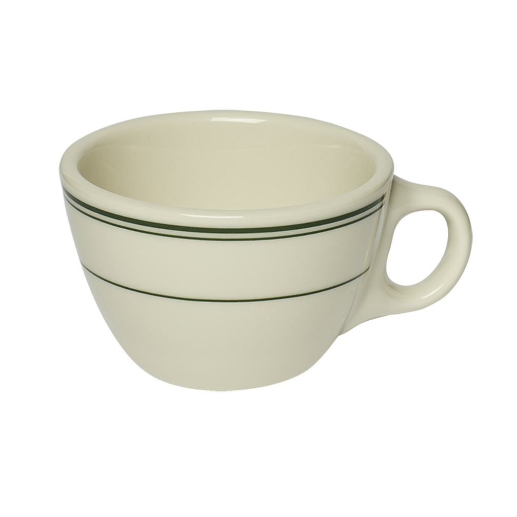 White ceramic mug with green stripes on a white background