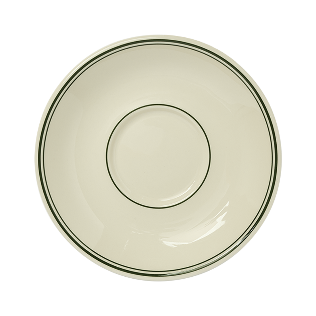 A white ceramic saucer with a green rim and a green ring near the center.