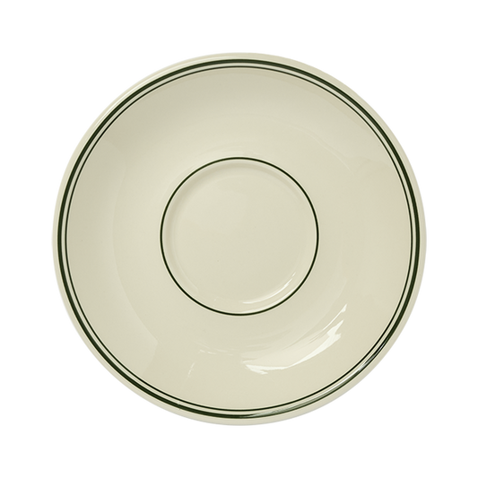A white ceramic saucer with a green rim and a green ring near the center.