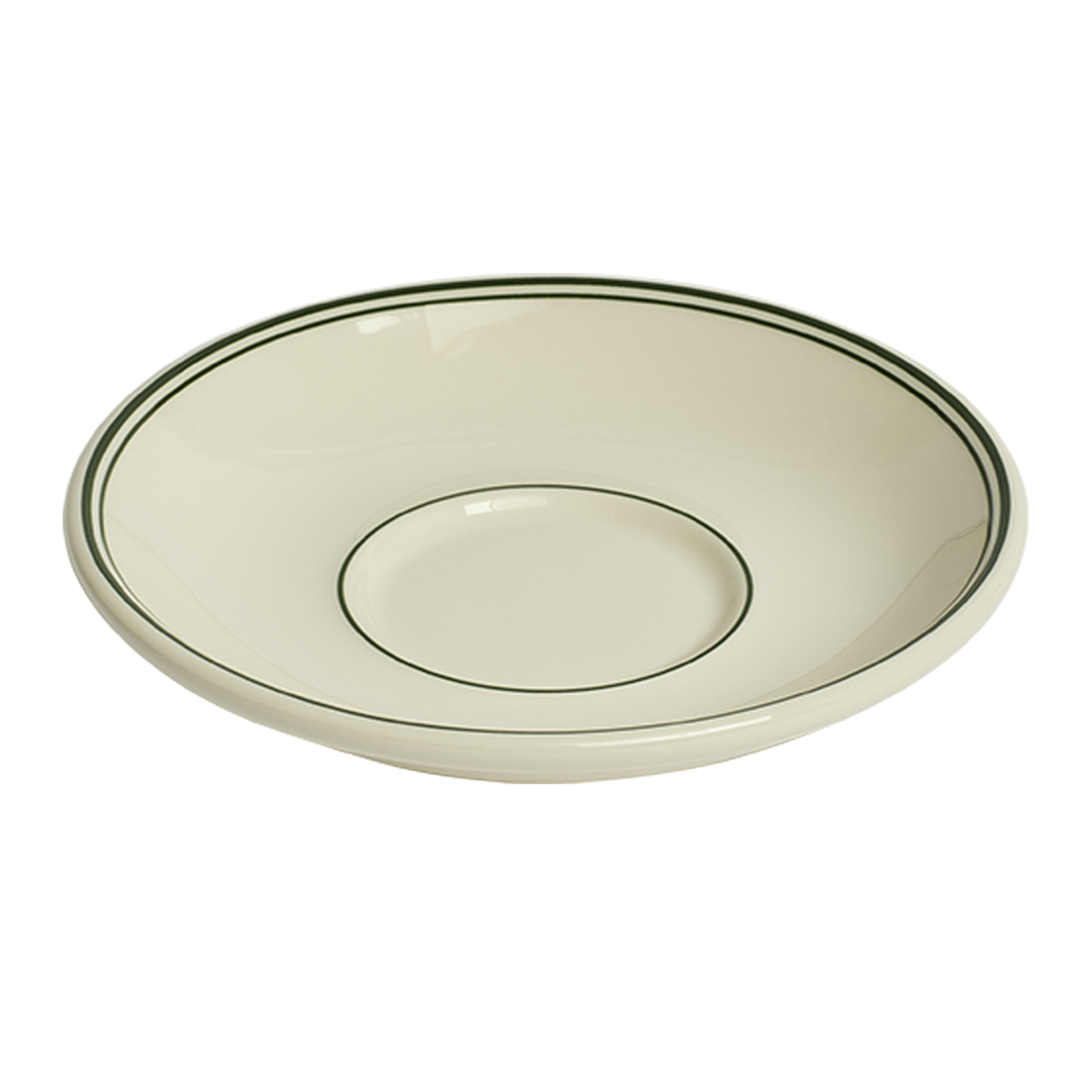 Round ceramic plate with a green rim on a white background