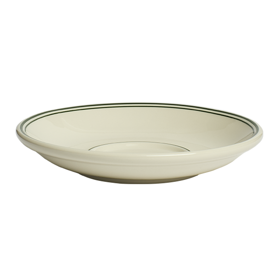 Beige ceramic bowl with a green rim on a white background
