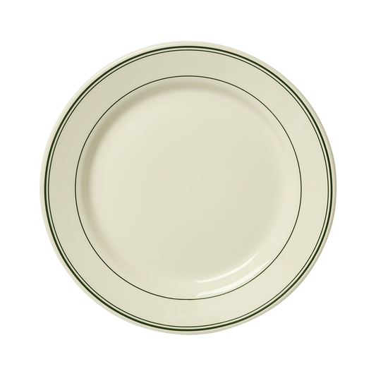 A white ceramic dinner plate with a green rim.