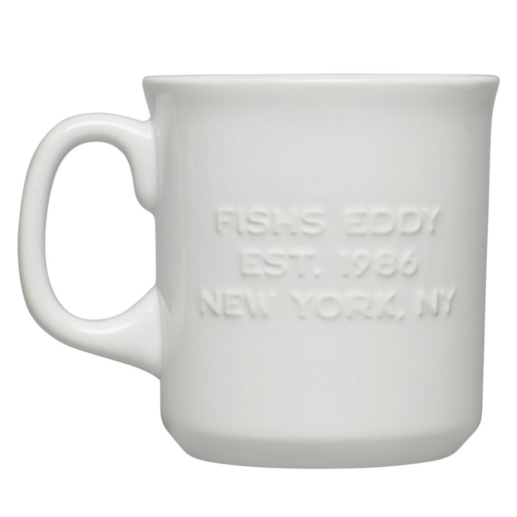 White mug with 'Fishes Eddy Est. 1986 New York, NY' text on a white background