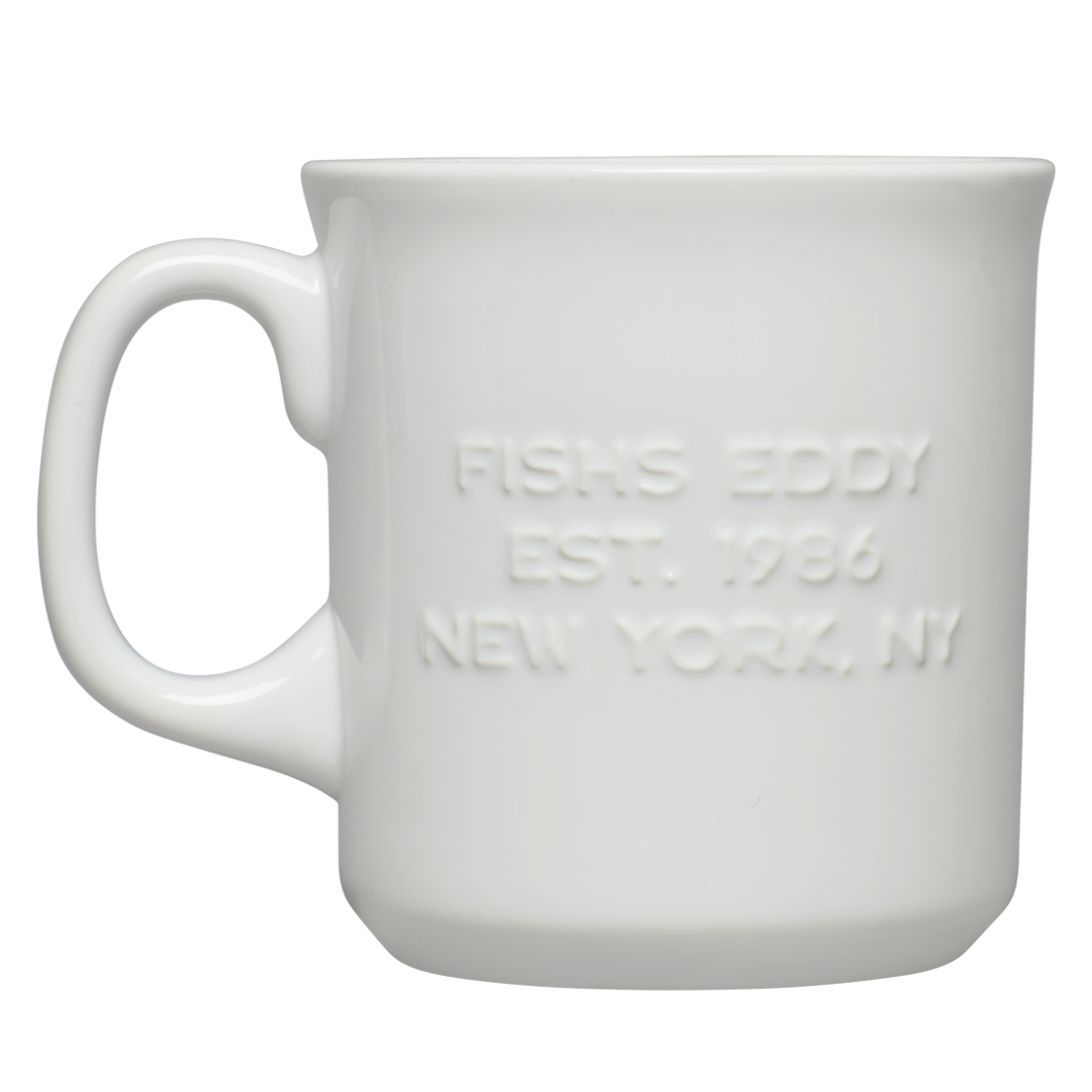 White mug with 'Fishes Eddy Est. 1986 New York, NY' text on a white background