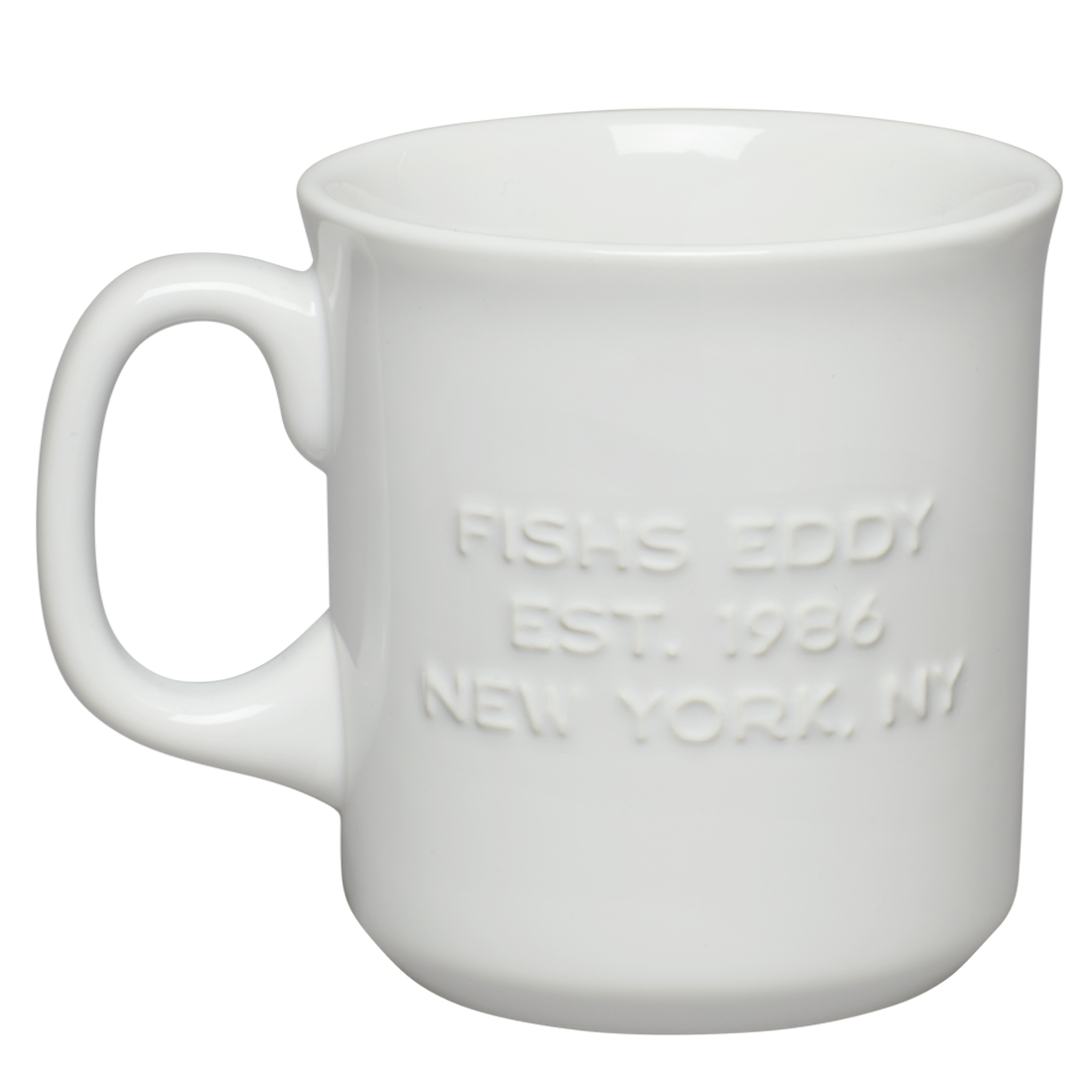 White mug with 'Fisher Body Est. 1986 New York, NY' text on a white background