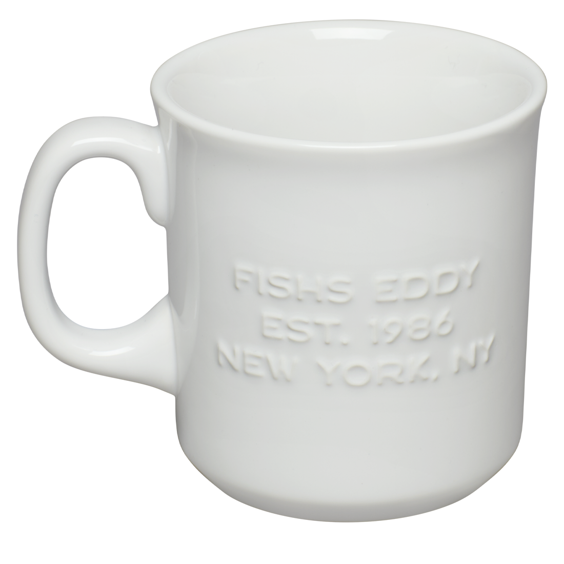 White mug with 'Fishing Eddy Est. 1986 New York NY' text on a white background