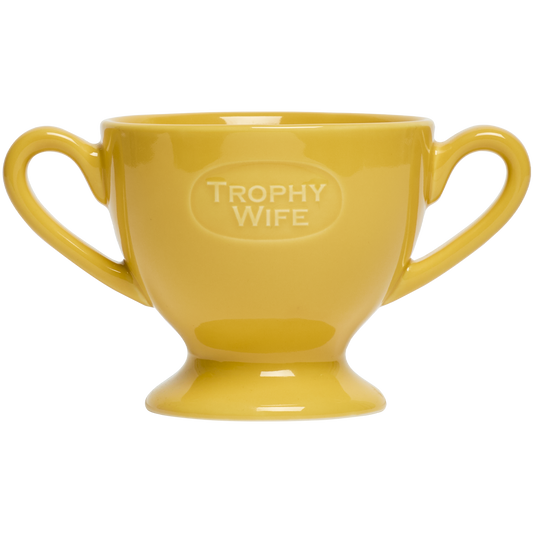 Yellow trophy-shaped mug with 'Trophy Wife' text on a white background
