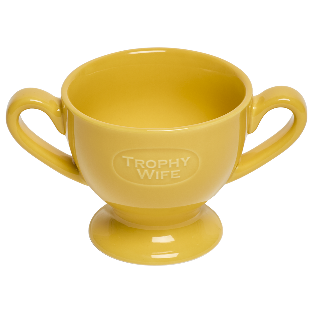 Yellow trophy-shaped mug with 'Trophy Wife' text on a white background