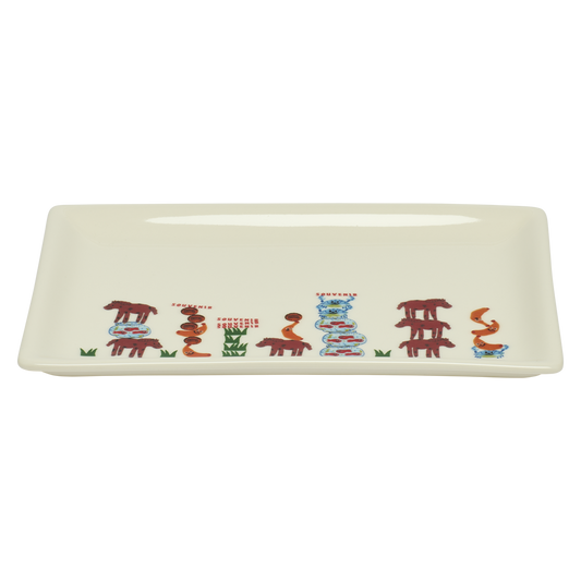 Rectangular ceramic tray with colorful animal illustrations on a white background