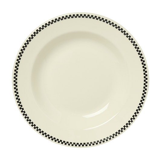White plate with black checkered rim on a white background