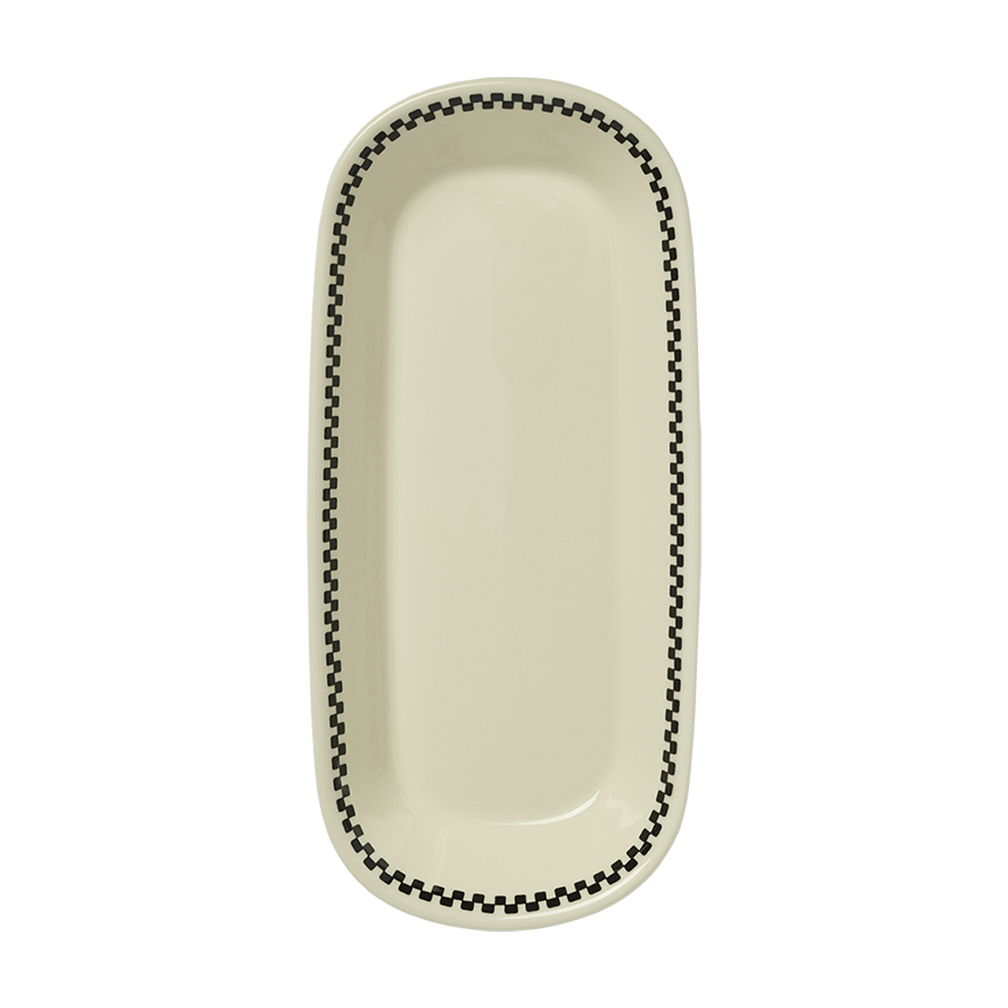 An oval-shaped ceramic Celery tray with a checkerboard pattern along the border, primarily in white and black colors.