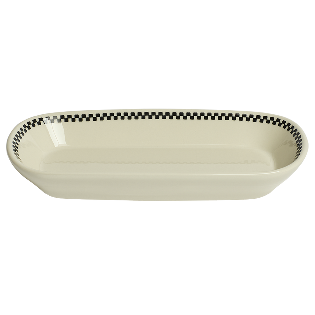 Rectangular ceramic baking dish with checkered border on a white background