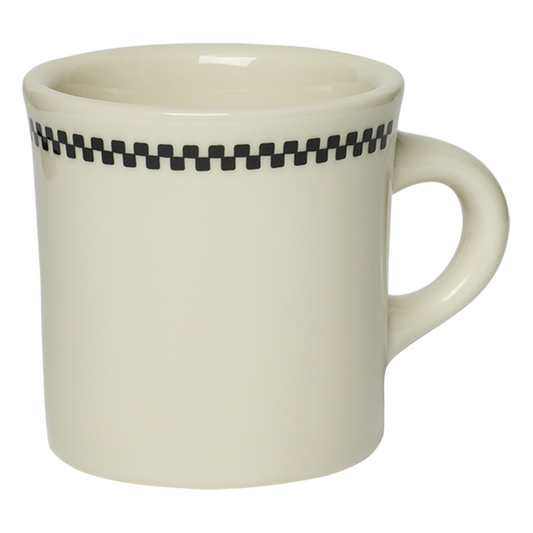 Beige mug with black checkered pattern on a white background