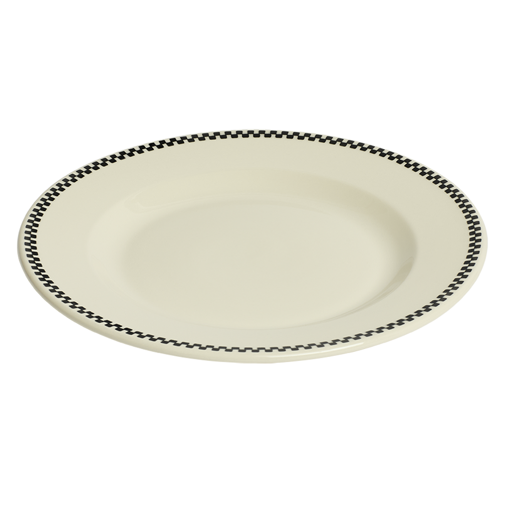 Beige plate with black decorative rim on a white background