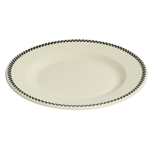 Beige plate with black decorative rim on a white background
