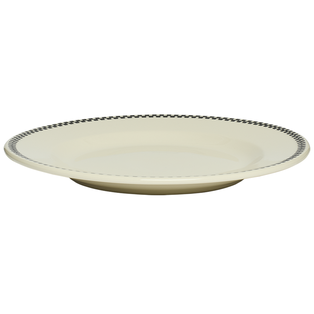 Beige plate with decorative rim on a white background