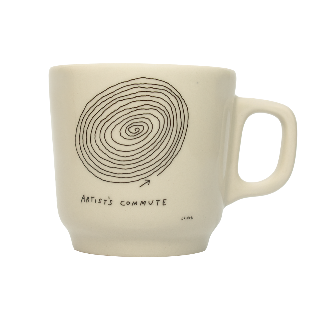 A white ceramic mug with a hand-drawn spiral and the text 'ARTIST'S COMMUTE' on the side.