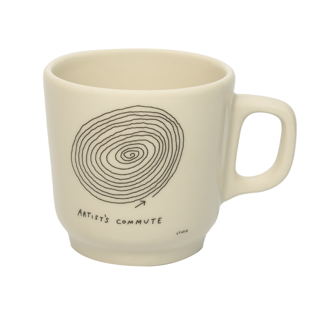 A white ceramic mug with a hand-drawn spiral and the text 'ARTIST'S COMMUTE' on the side.
