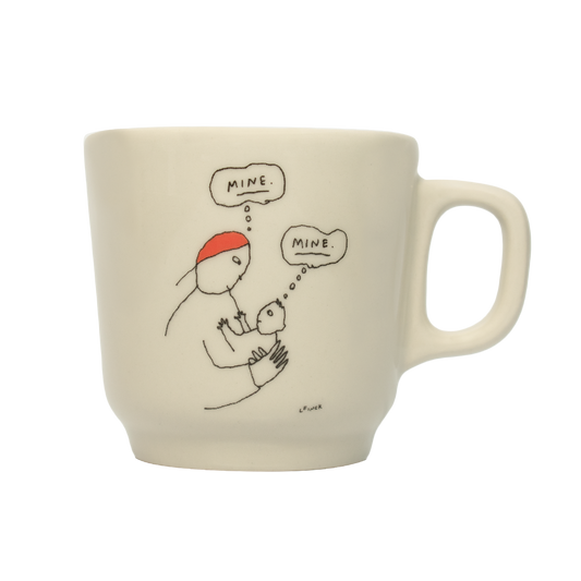 A white ceramic mug with a hand-drawn illustration of a character and the text 'MINE' on it.