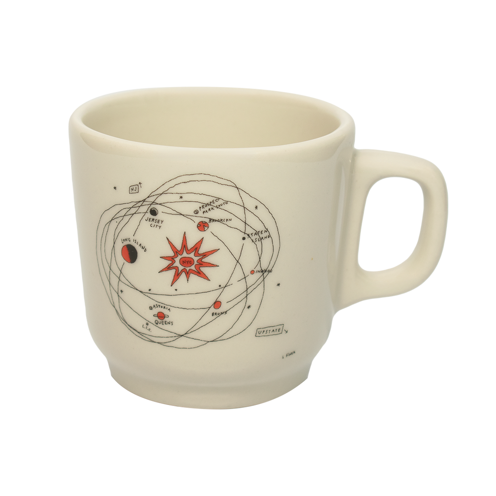 A white ceramic mug with a hand-drawn illustration of a solar system with planets and a central star.