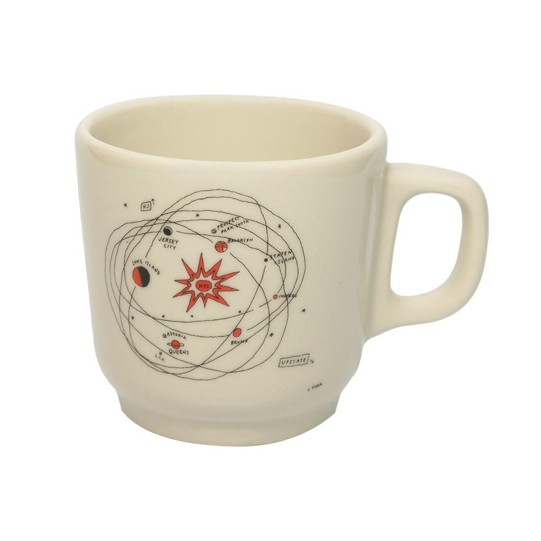 A white ceramic mug with a hand-drawn illustration of a solar system with planets and a central star.