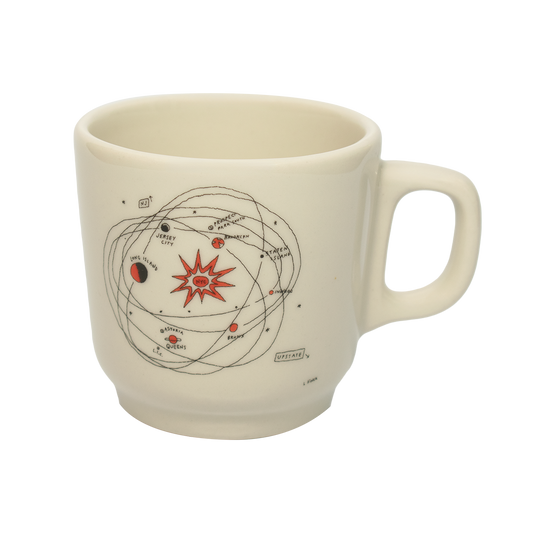 A white ceramic mug with a hand-drawn illustration of a solar system with planets and a central star.