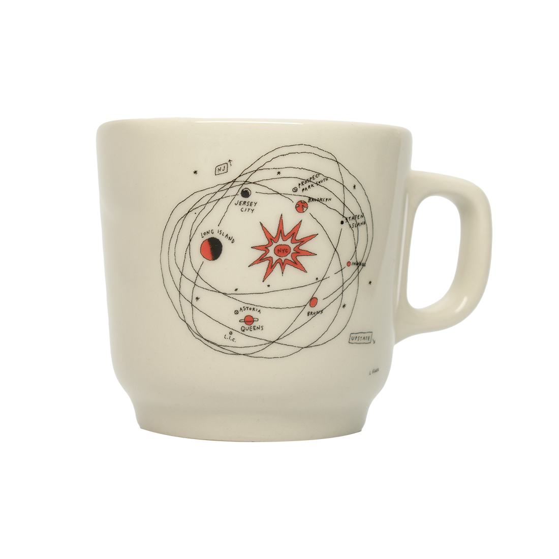A white ceramic mug with a hand-drawn illustration of a solar system with planets and a central star.