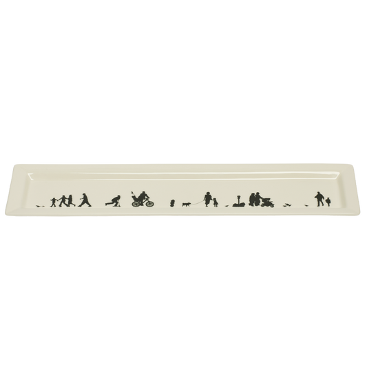 Rectangular white tray with black silhouette designs on a white background