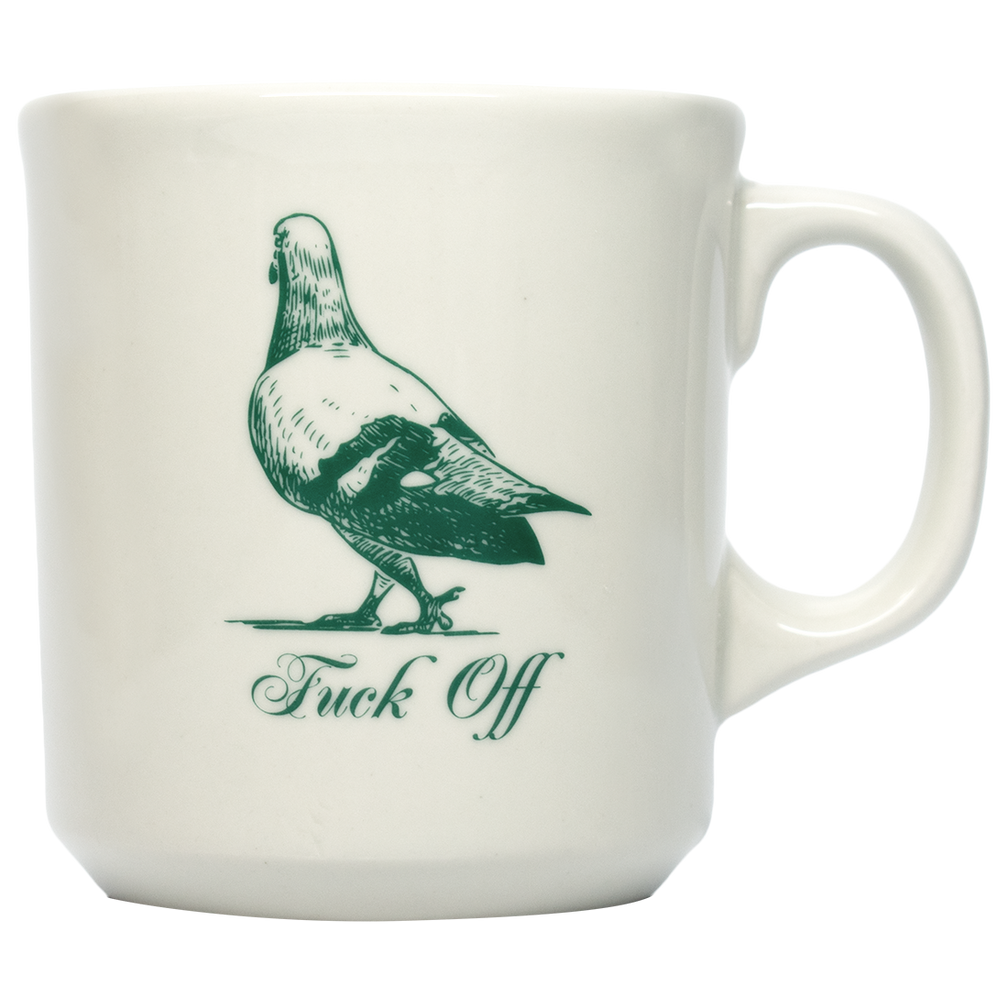 A white ceramic mug with a green graphic of a bird and the phrase 'Fuck Off' printed on the front.