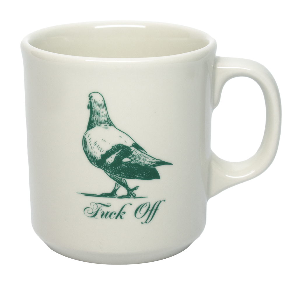 A white ceramic mug with a green graphic of a bird and the phrase 'Fuck Off' printed on the front.