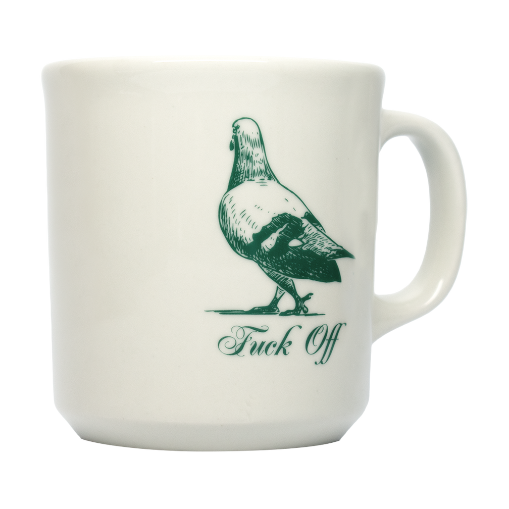 A white ceramic mug with a green graphic of a bird and the phrase 'Fuck Off' printed on the front.