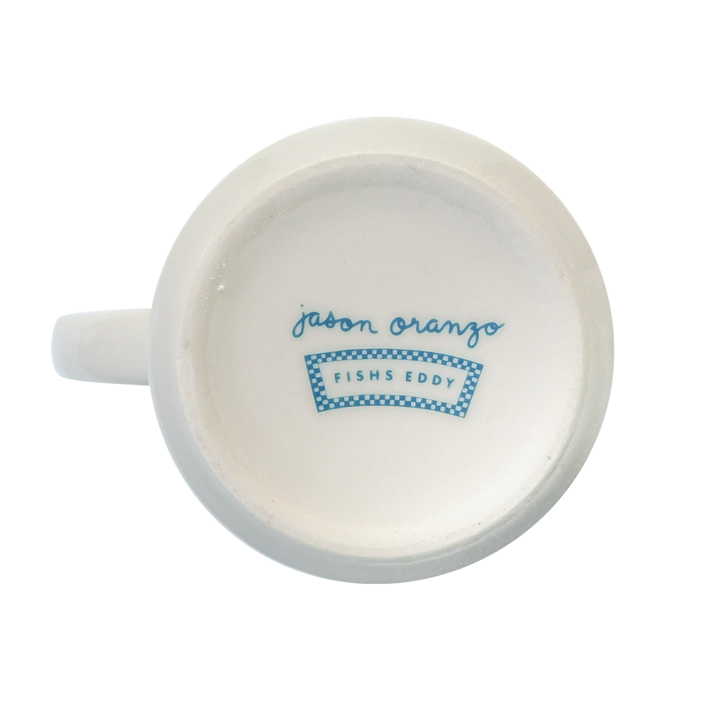 A white ceramic mug with a green graphic of a bird and the phrase 'Fuck Off' printed on the front.