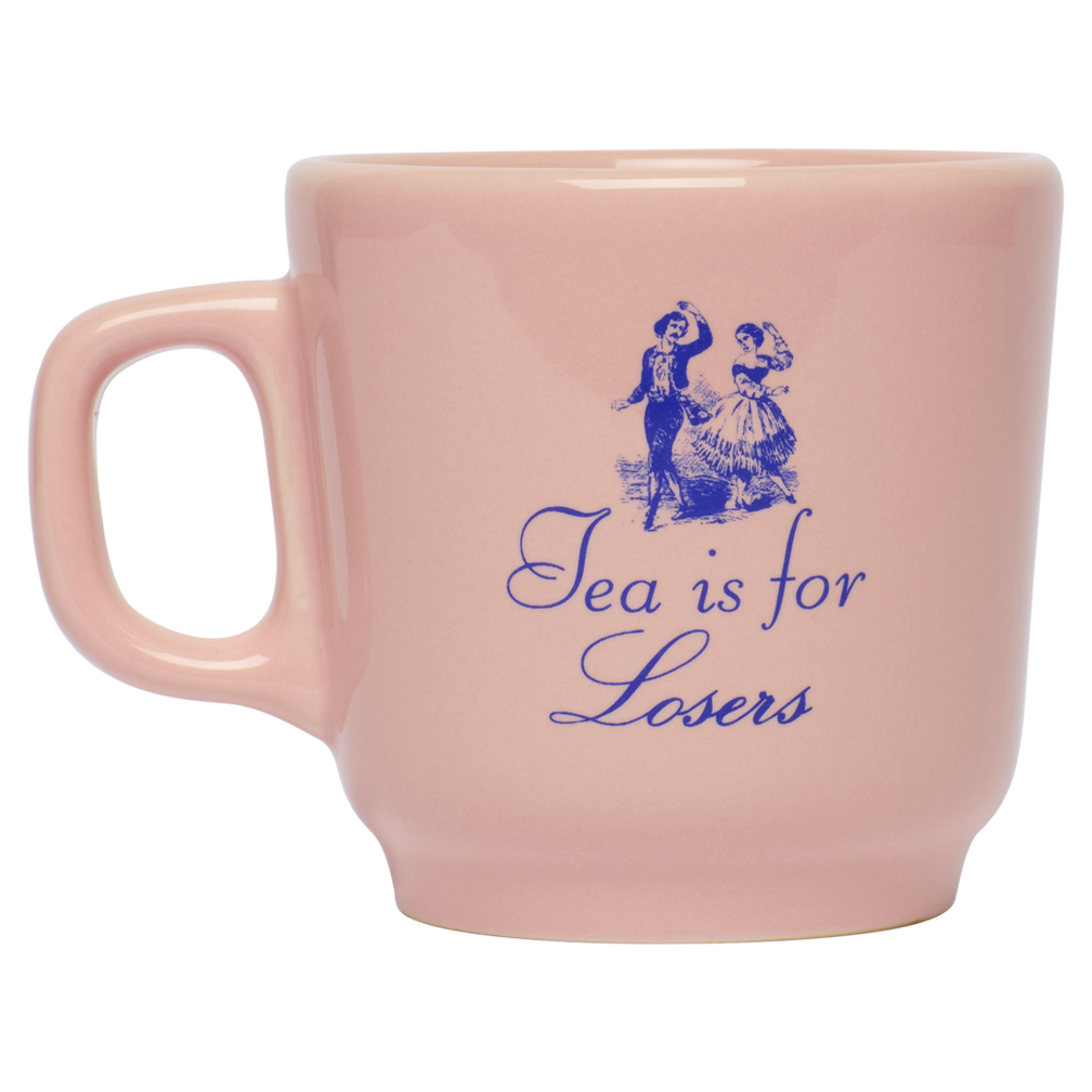 Pink mug with blue text and graphic on a white background