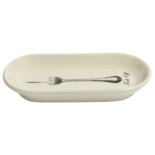 Beige ceramic soap dish with a black fork design on a white background