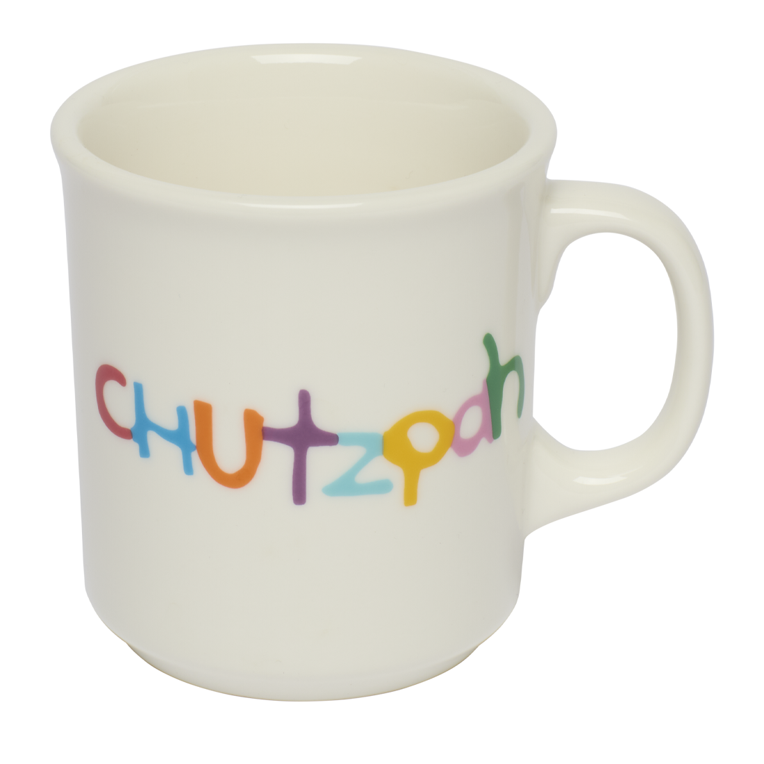 White mug with 'Chutzpah' in colorful letters on a white background