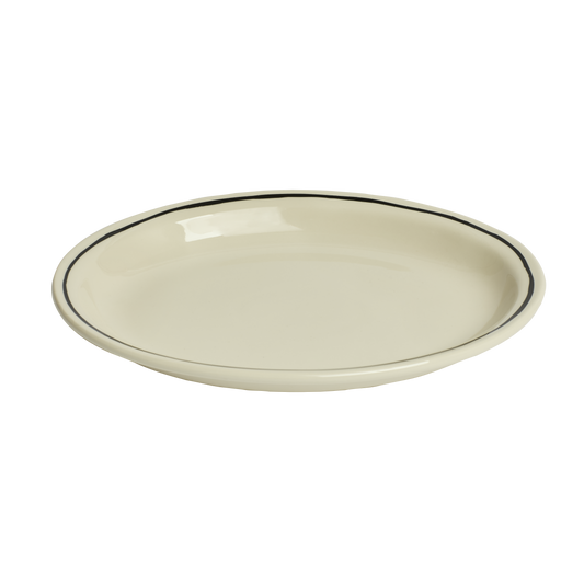 An oval platter with a white center and a single black hand-sketched line along the rim.