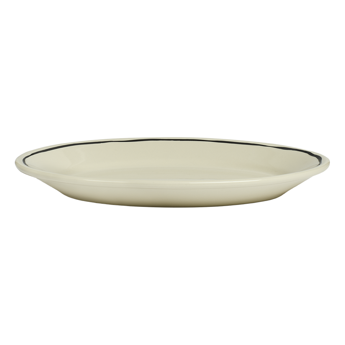 A small oval plate with a black hand-sketched line along the rim on a white background.