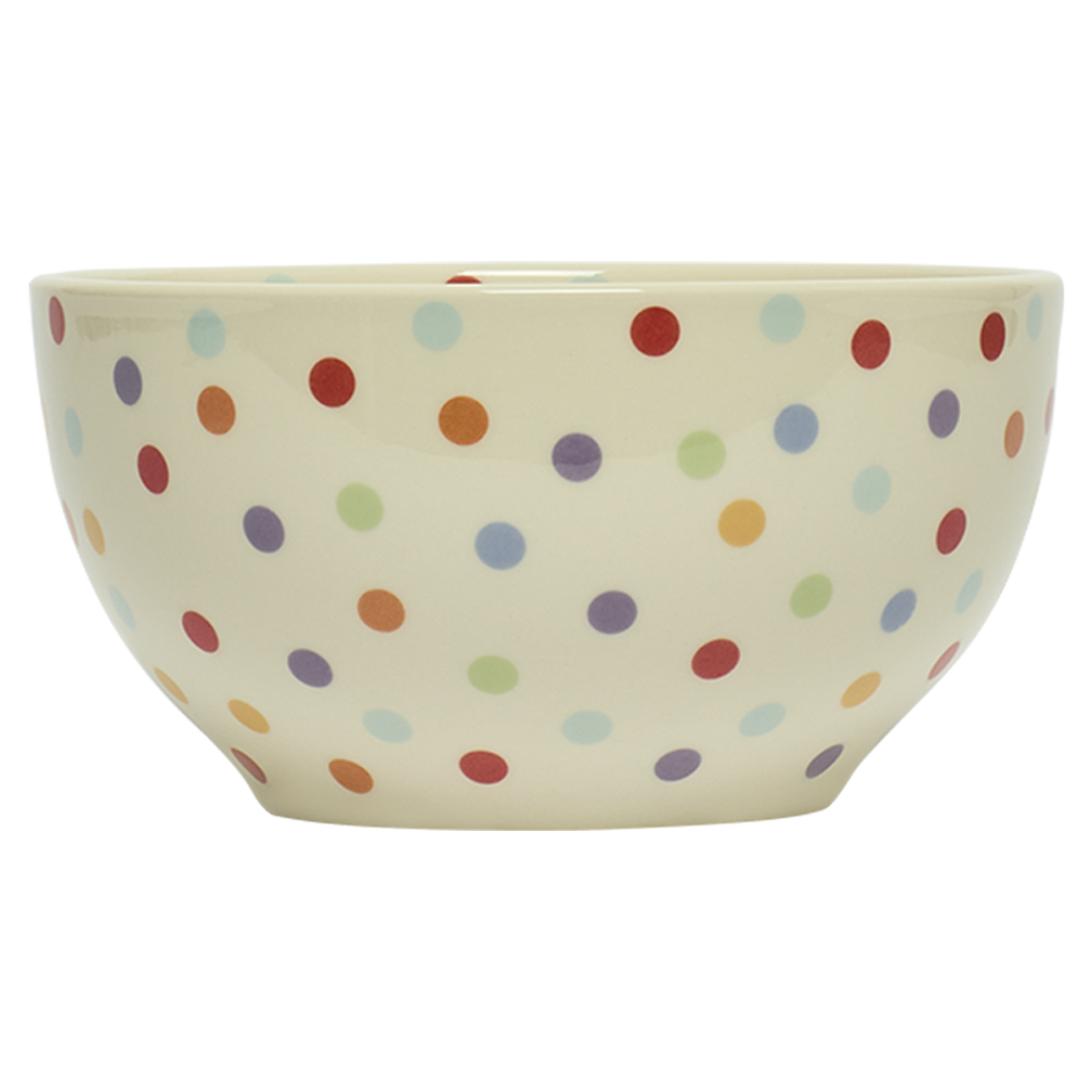 Ceramic bowl with colorful polka dot pattern on a white background