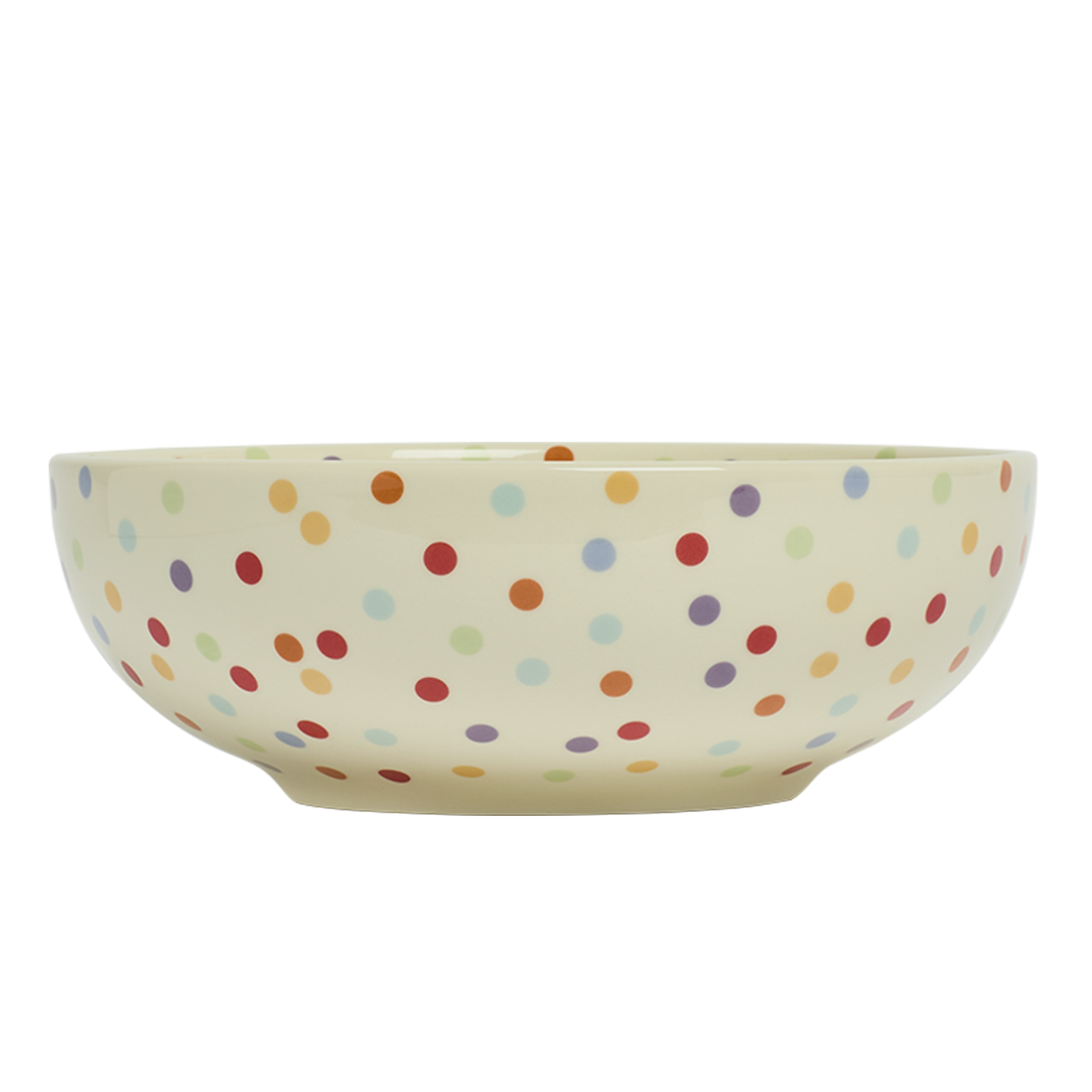 Ceramic bowl with colorful polka dot pattern on a white background
