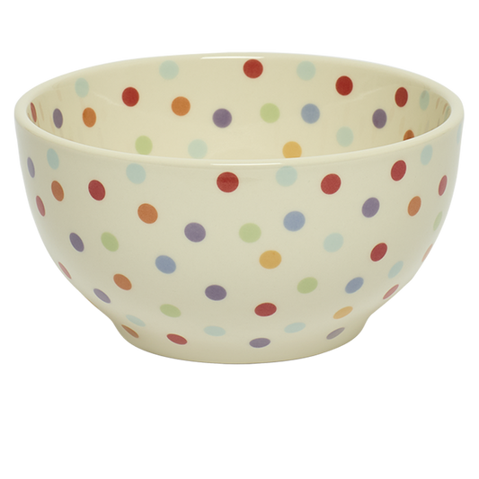 Ceramic bowl with multicolored polka dot pattern on a white background