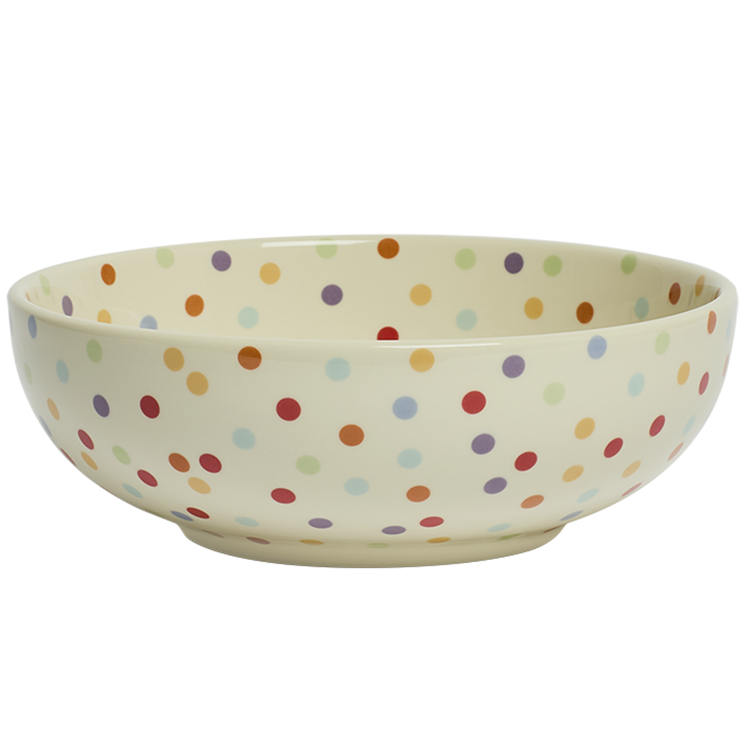 Ceramic bowl with multicolored polka dot pattern on a white background