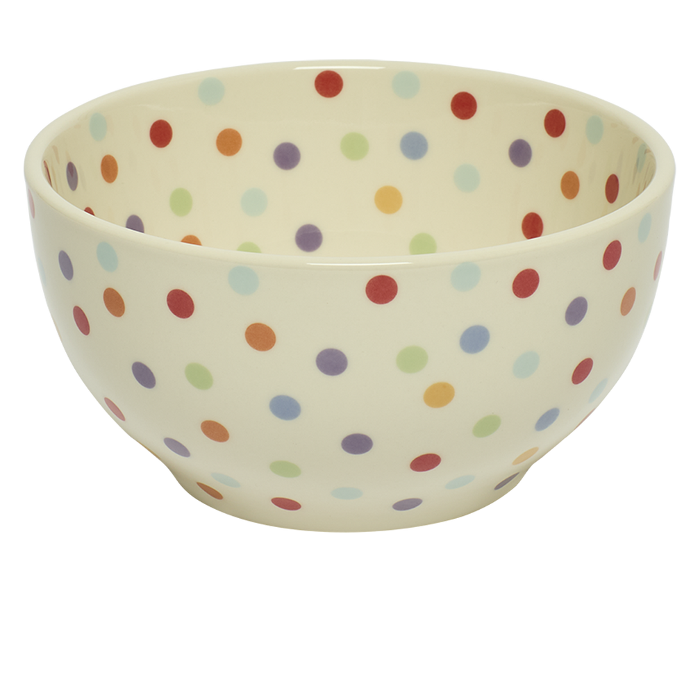 Ceramic bowl with multicolored polka dot pattern on a white background