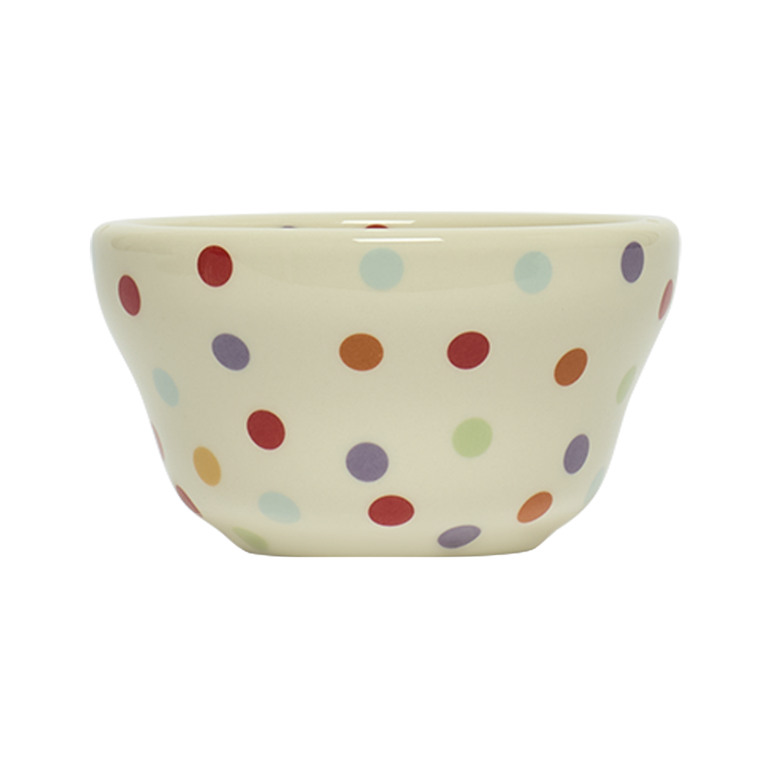 Ceramic bowl with multicolored polka dot pattern on a white background