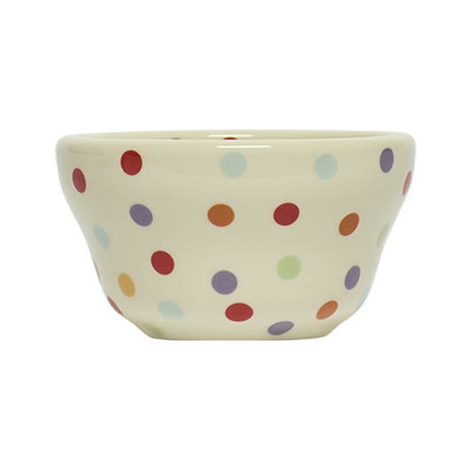 Ceramic bowl with multicolored polka dot pattern on a white background