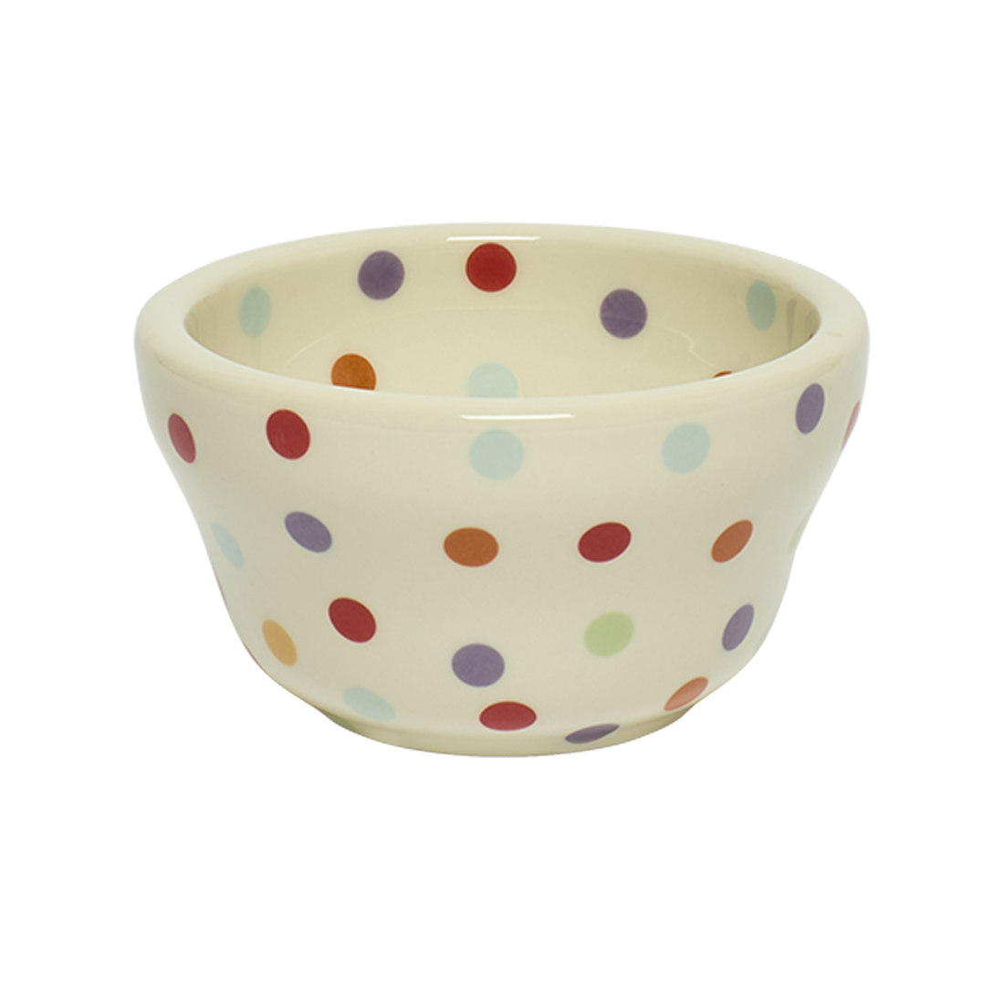 Ceramic bowl with colorful polka dot pattern on a white background
