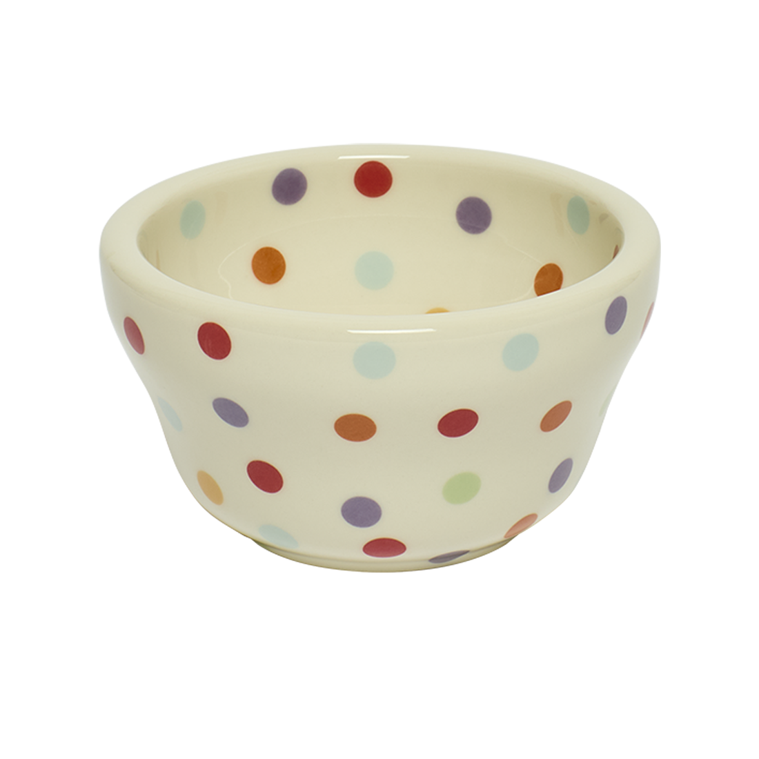 Ceramic bowl with colorful polka dot pattern on a white background