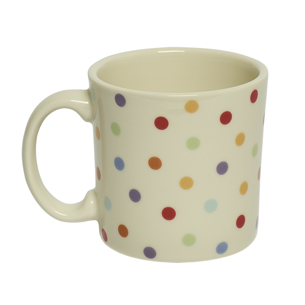 White mug with colorful polka dot pattern on a white background
