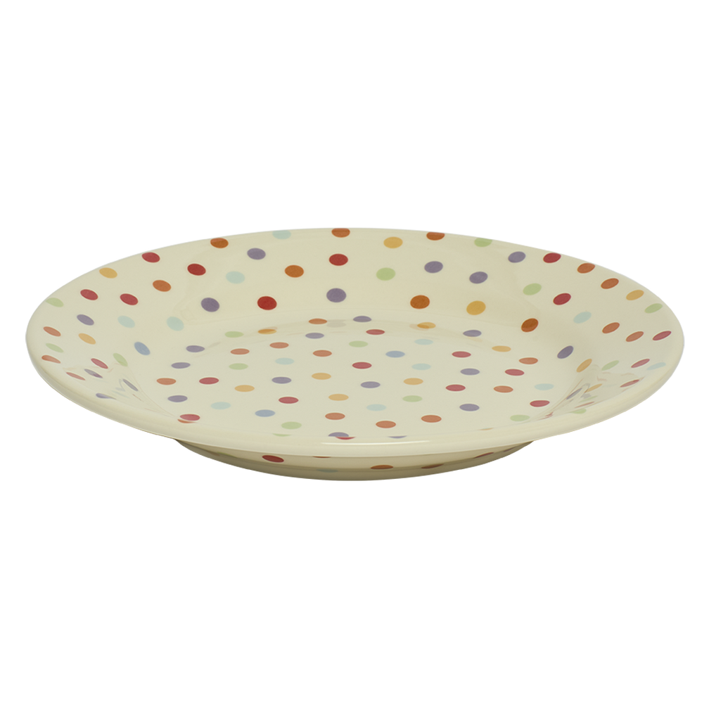 Round ceramic plate with multicolored polka dot pattern on a white background